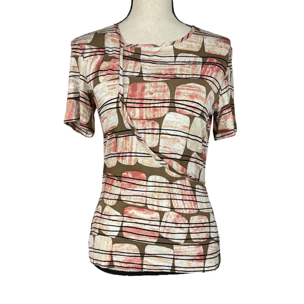 St. John Small Top Yellow Label Short Sleeve Faux Wrap Abstract Stretch Pullover